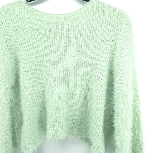 Rebels&Lovers V Neck Fuzzy Twisted Crop Green Eyelash Knit Sweater BellSleeve L - Picture 10 of 13